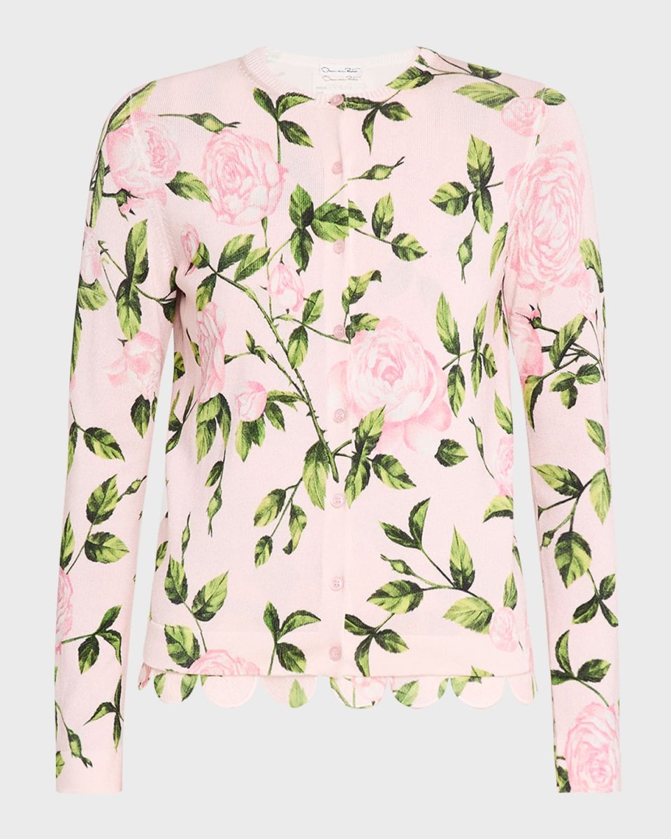 English Rose Printed Crewneck Cardigan With Scalloped Tr